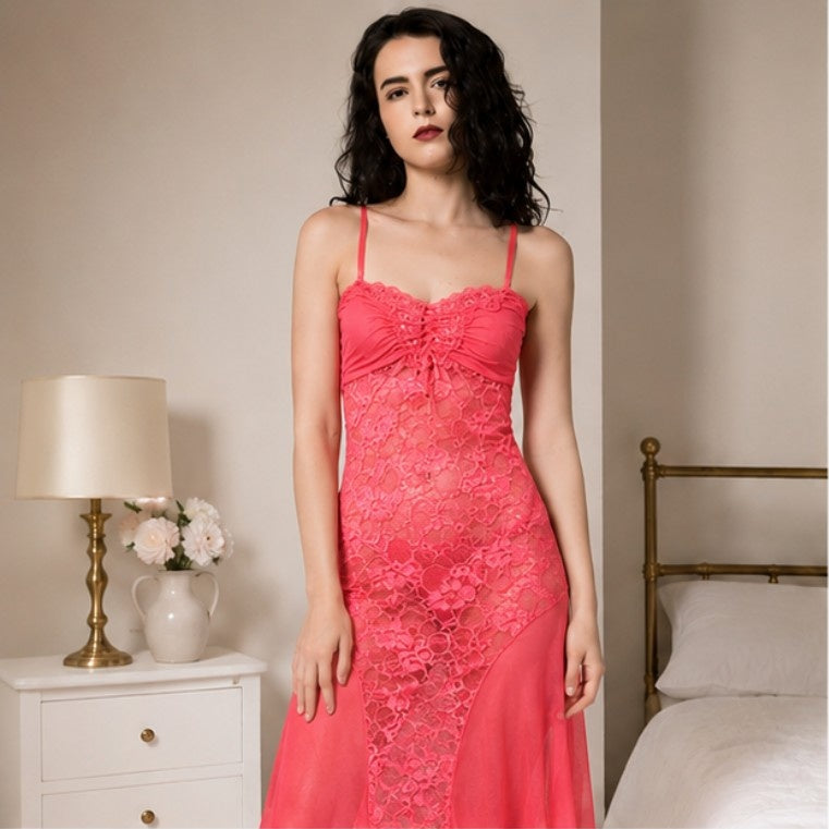 Lace-Up Coral Lace Gown