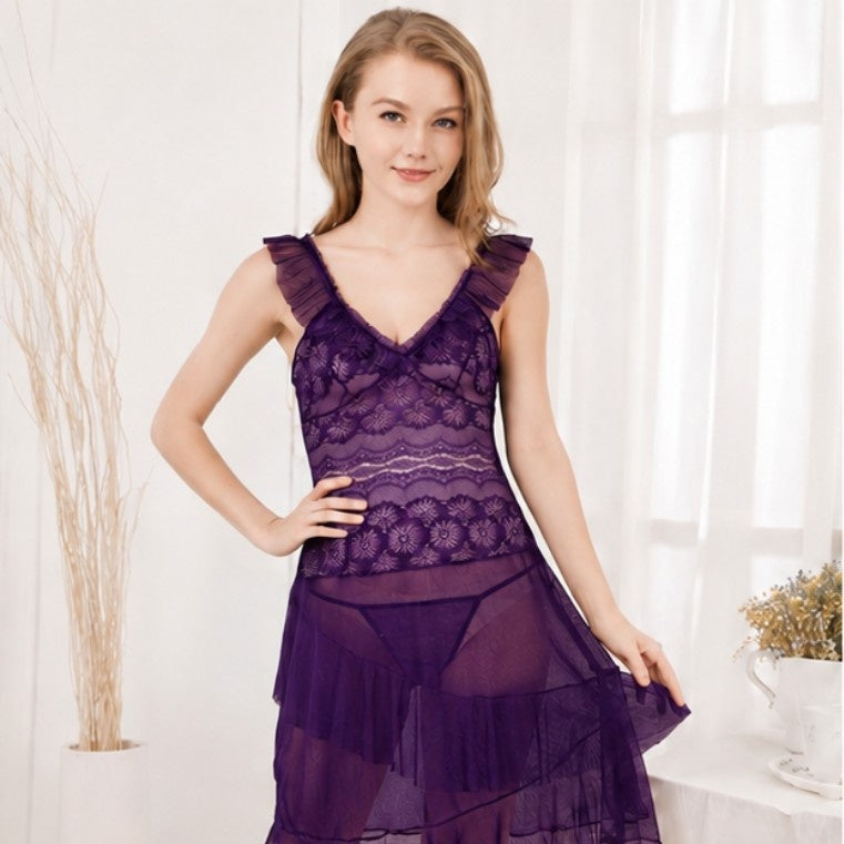 Ruffle Strap Sheer Lace Babydoll