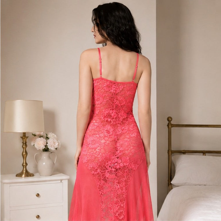 Lace-Up Coral Lace Gown