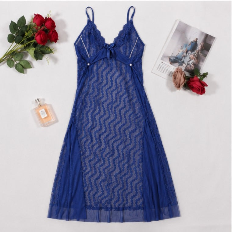 Pearl Bow Lace Slit Gown