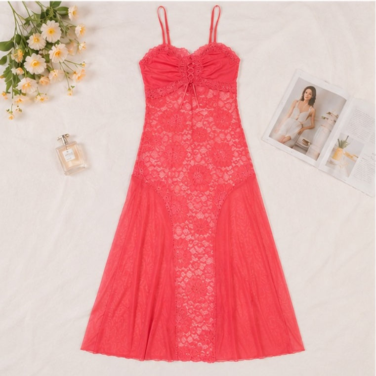 Lace-Up Coral Lace Gown