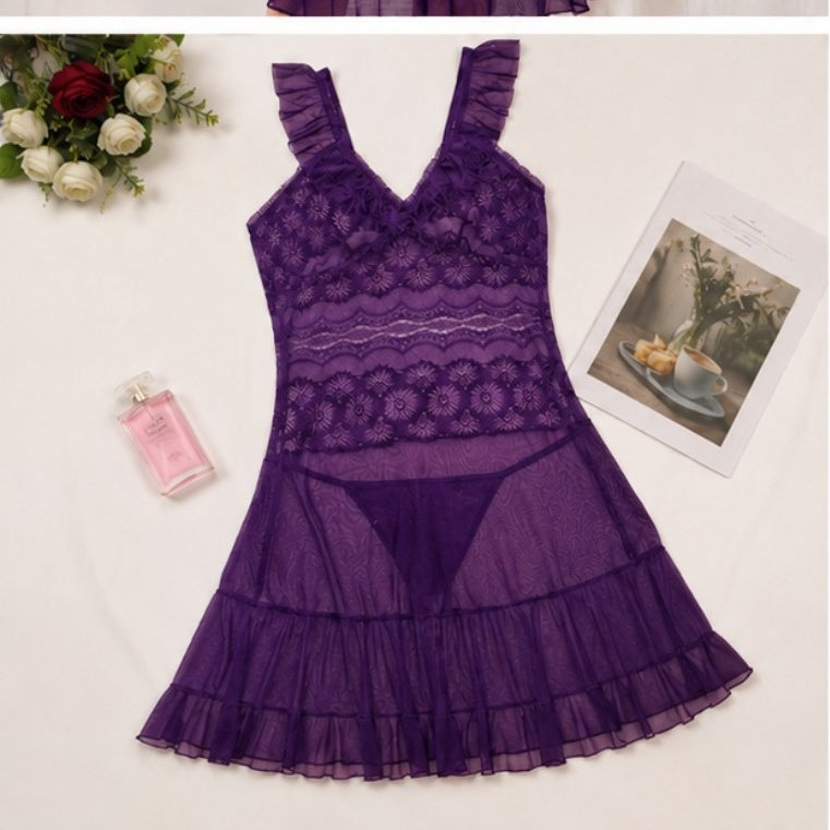 Ruffle Strap Sheer Lace Babydoll