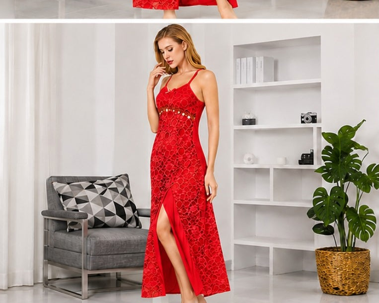 Gold Trim Lace Slit Gown