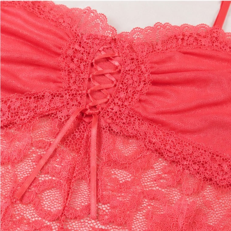 Lace-Up Coral Lace Gown
