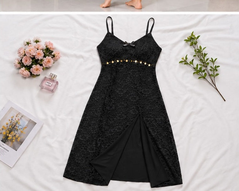 Gold Trim Lace Slit Gown