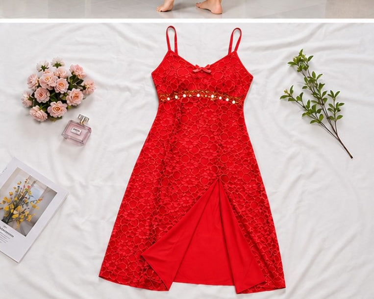 Gold Trim Lace Slit Gown