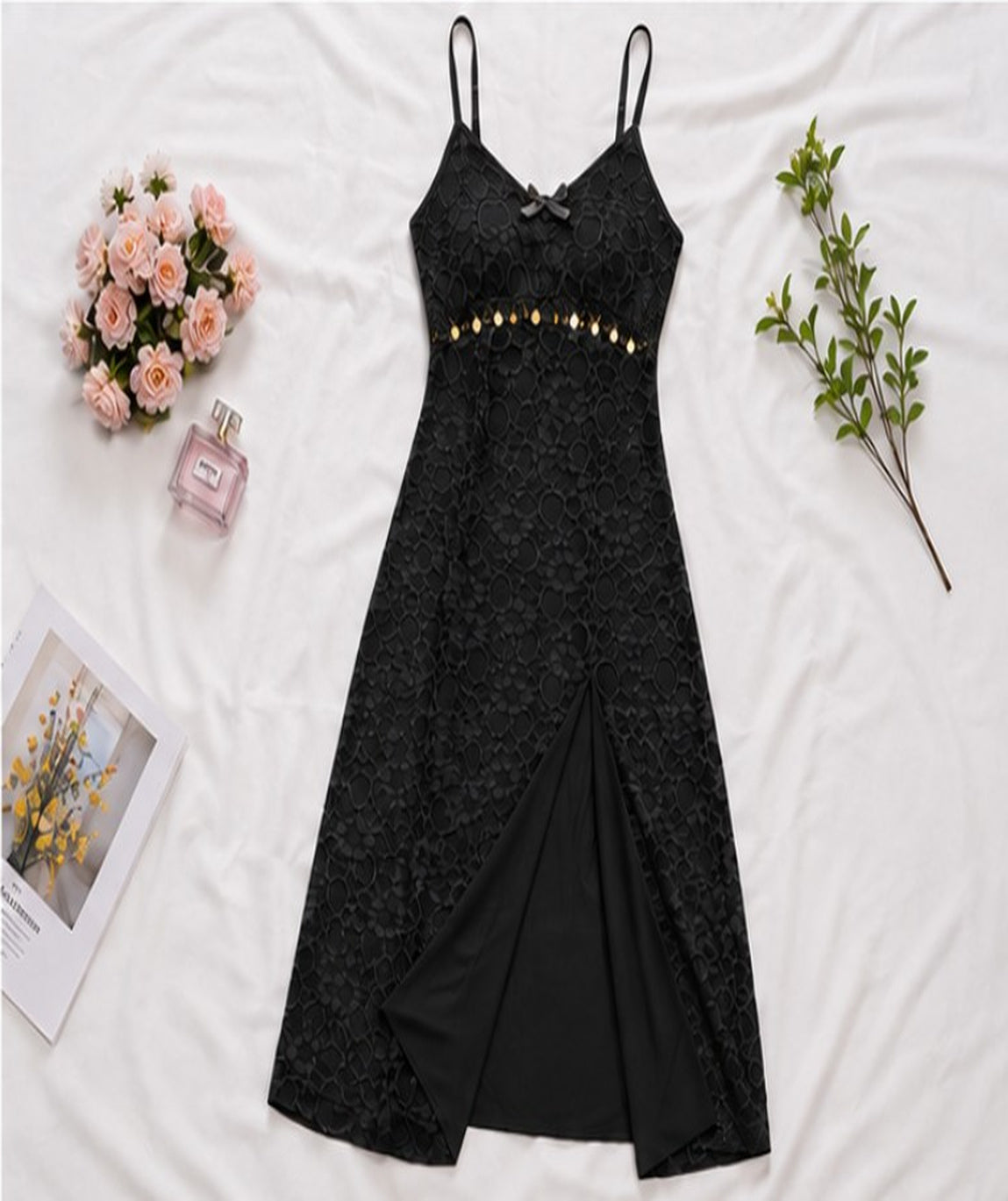 Gold Trim Lace Slit Gown