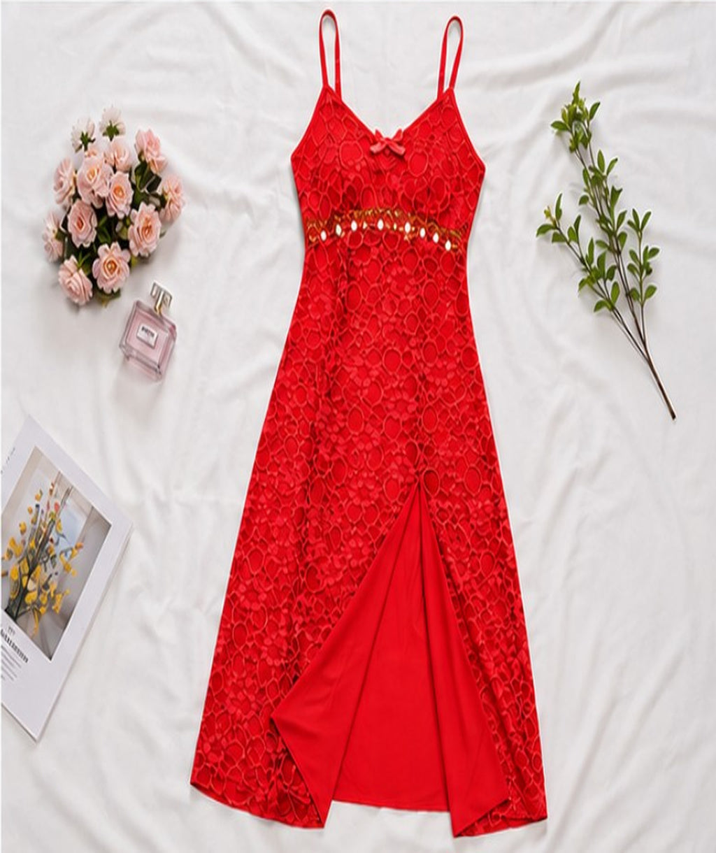 Gold Trim Lace Slit Gown