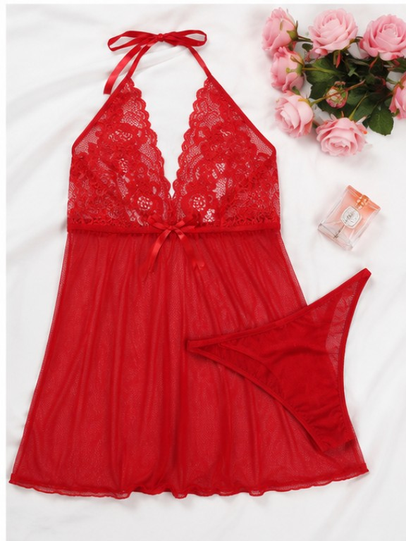 Red Halter Lace Babydoll Set #6694