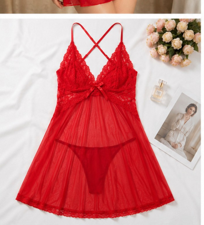 Red Cross-Back Lace Babydoll #6620