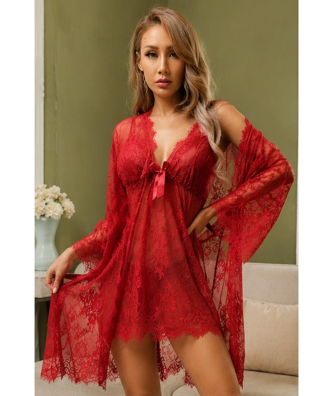 Rosso Pizzo Robe & Gown Set