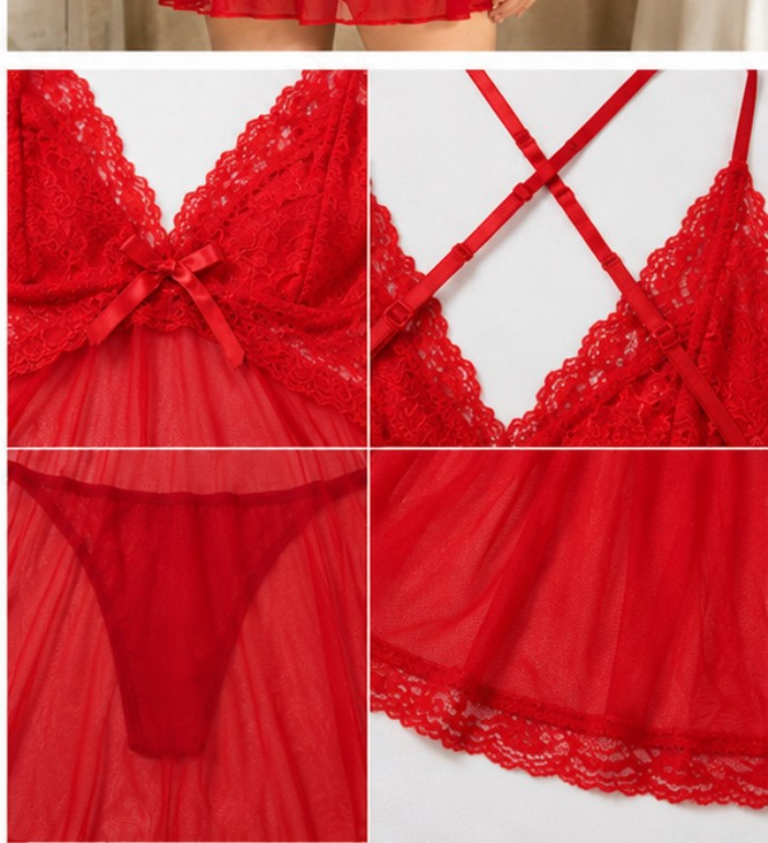 Red Cross-Back Lace Babydoll #6620