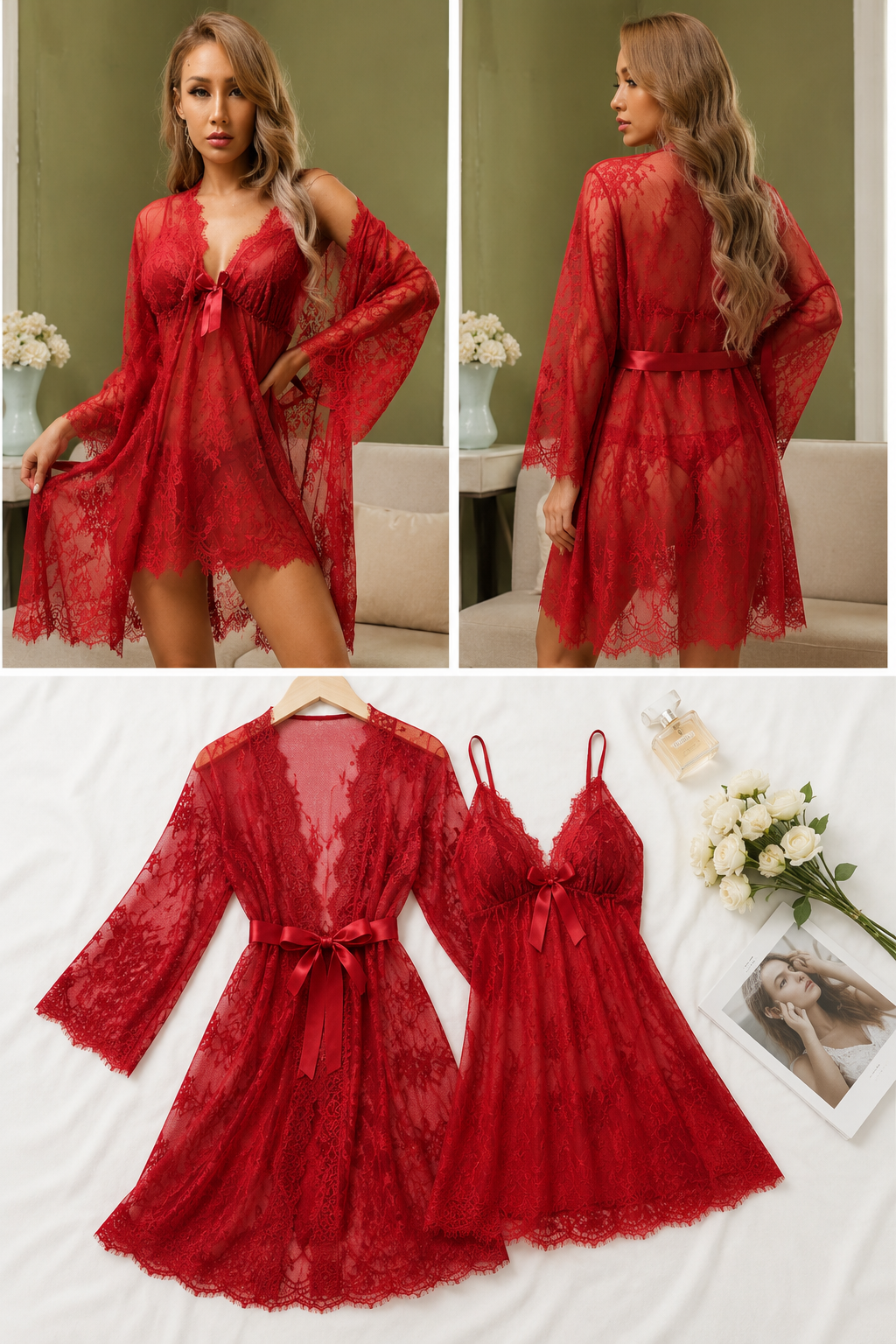 Rosso Pizzo Robe & Gown Set