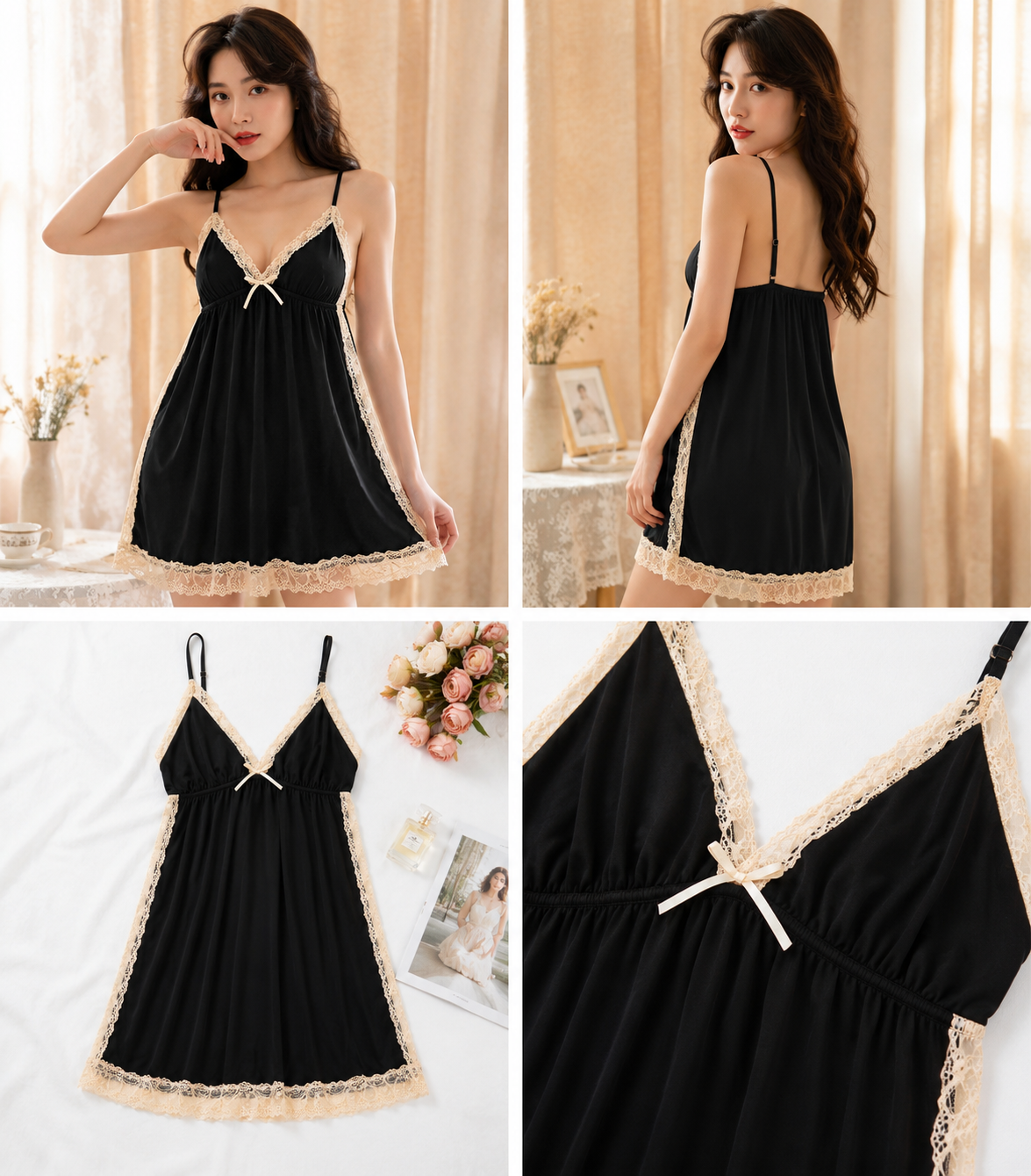 Black Lace Trim Nightdress #6710