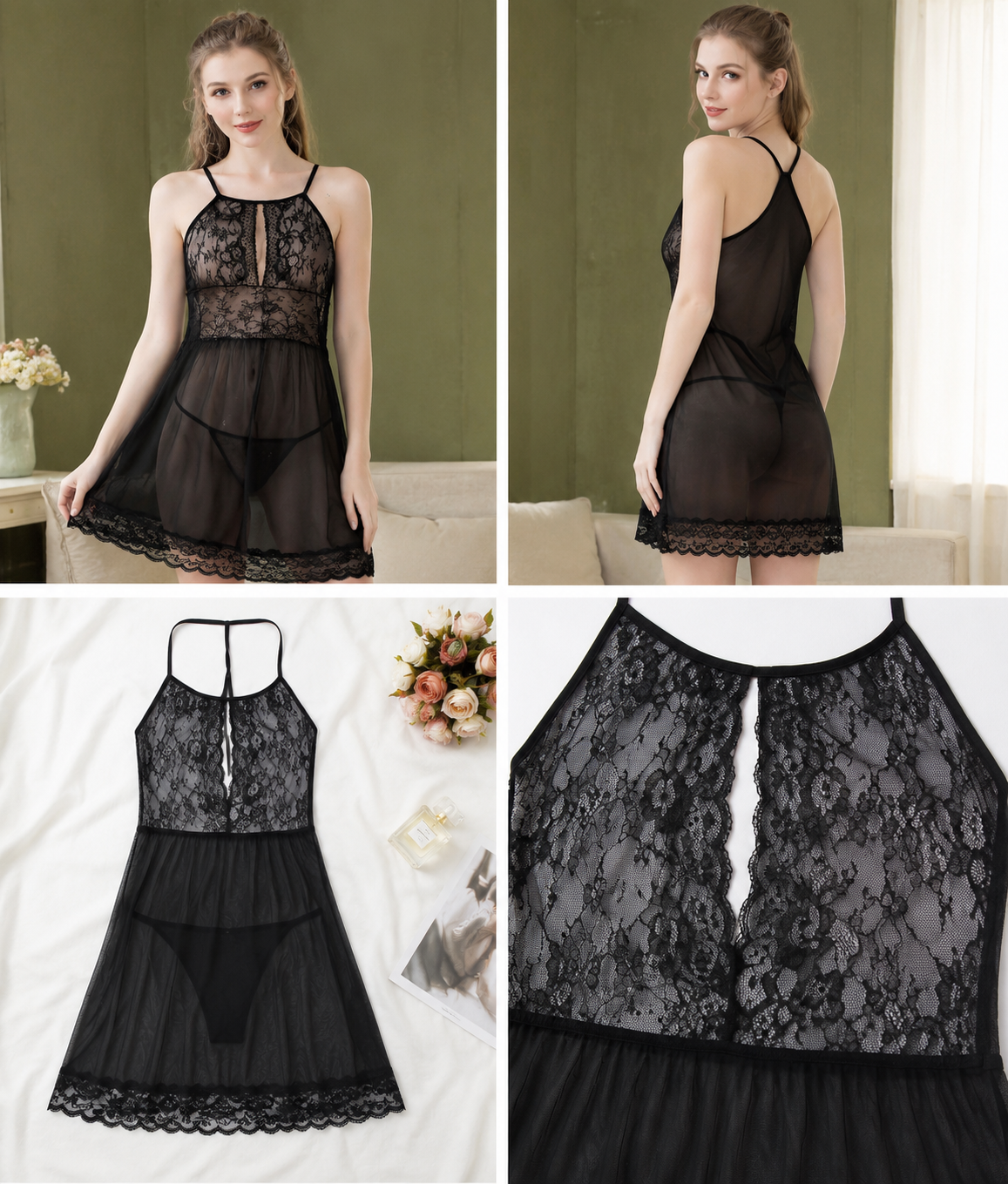 Black Sheer Lace Babydoll #6694