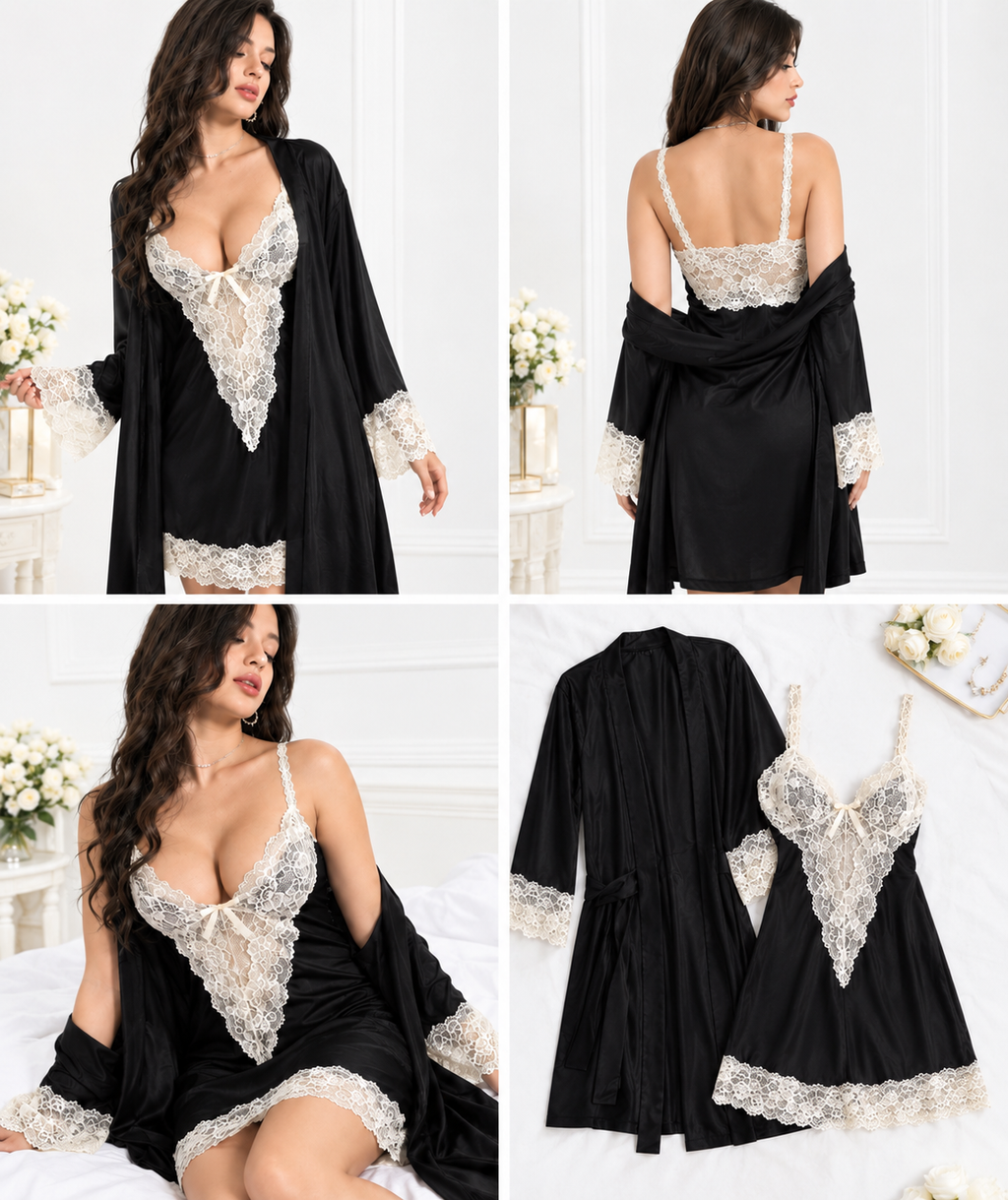 Avorio Contrasto Satin Robe Set