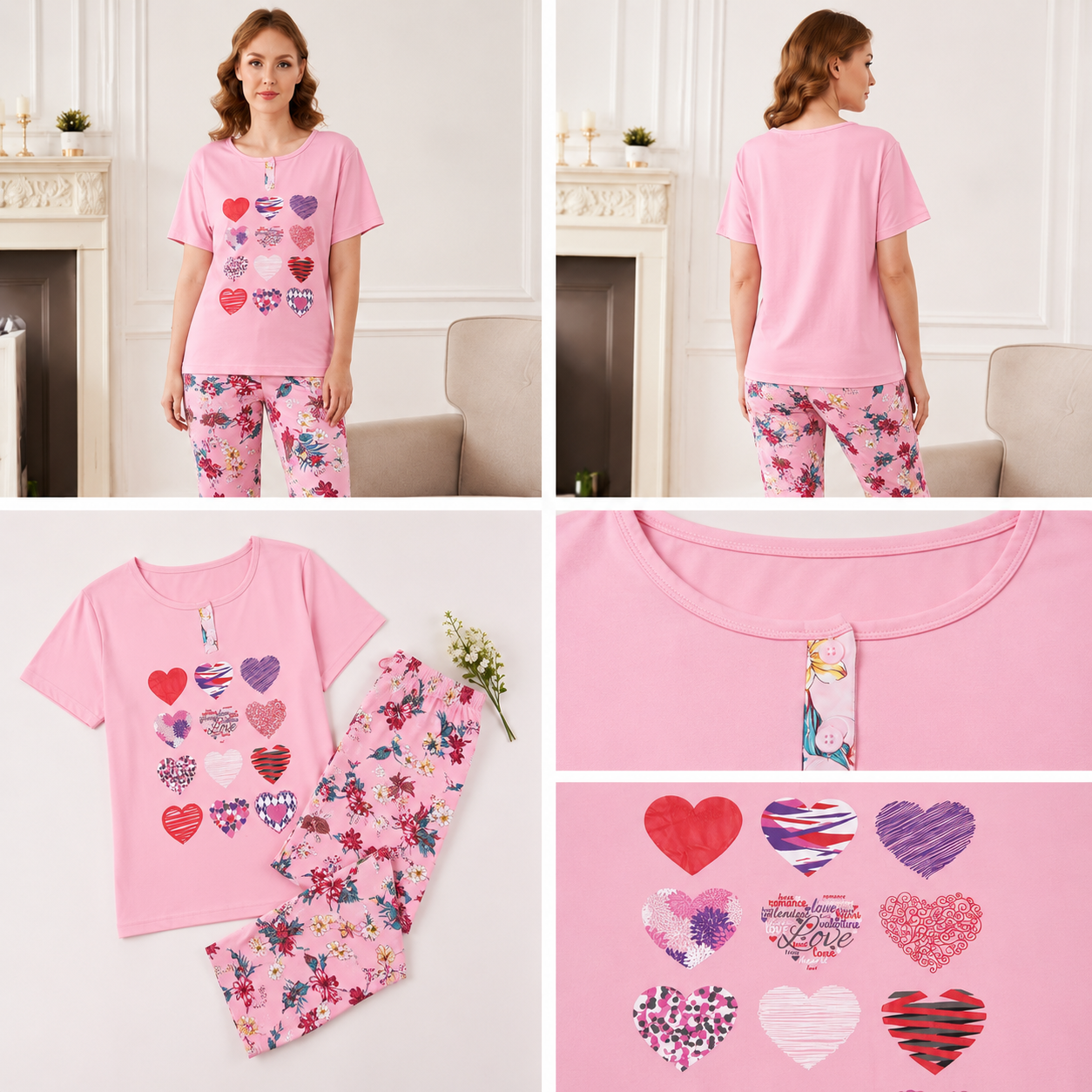 Heart Print Top & Floral Pajama Set