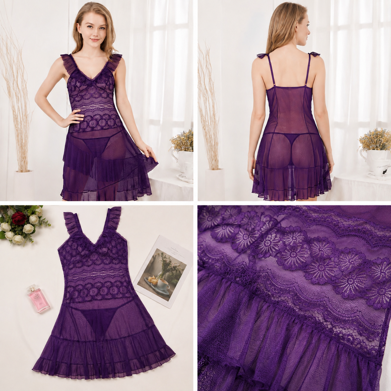 Ruffle Strap Sheer Lace Babydoll