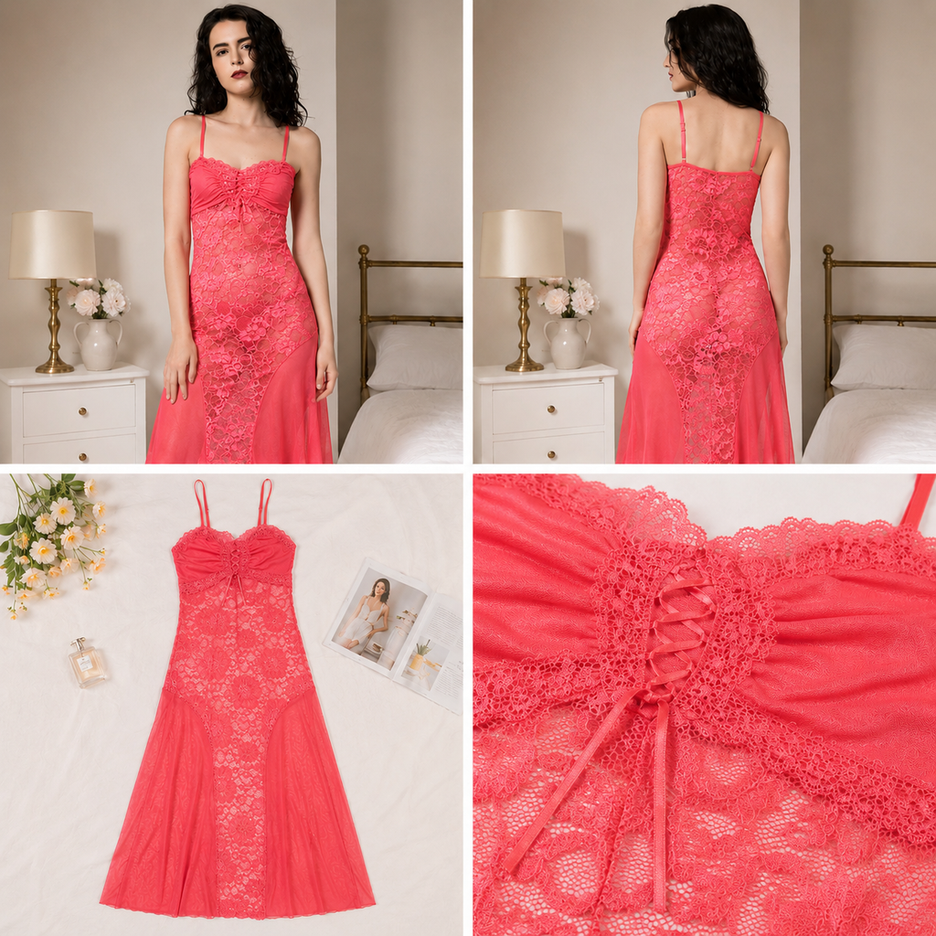 Lace-Up Coral Lace Gown