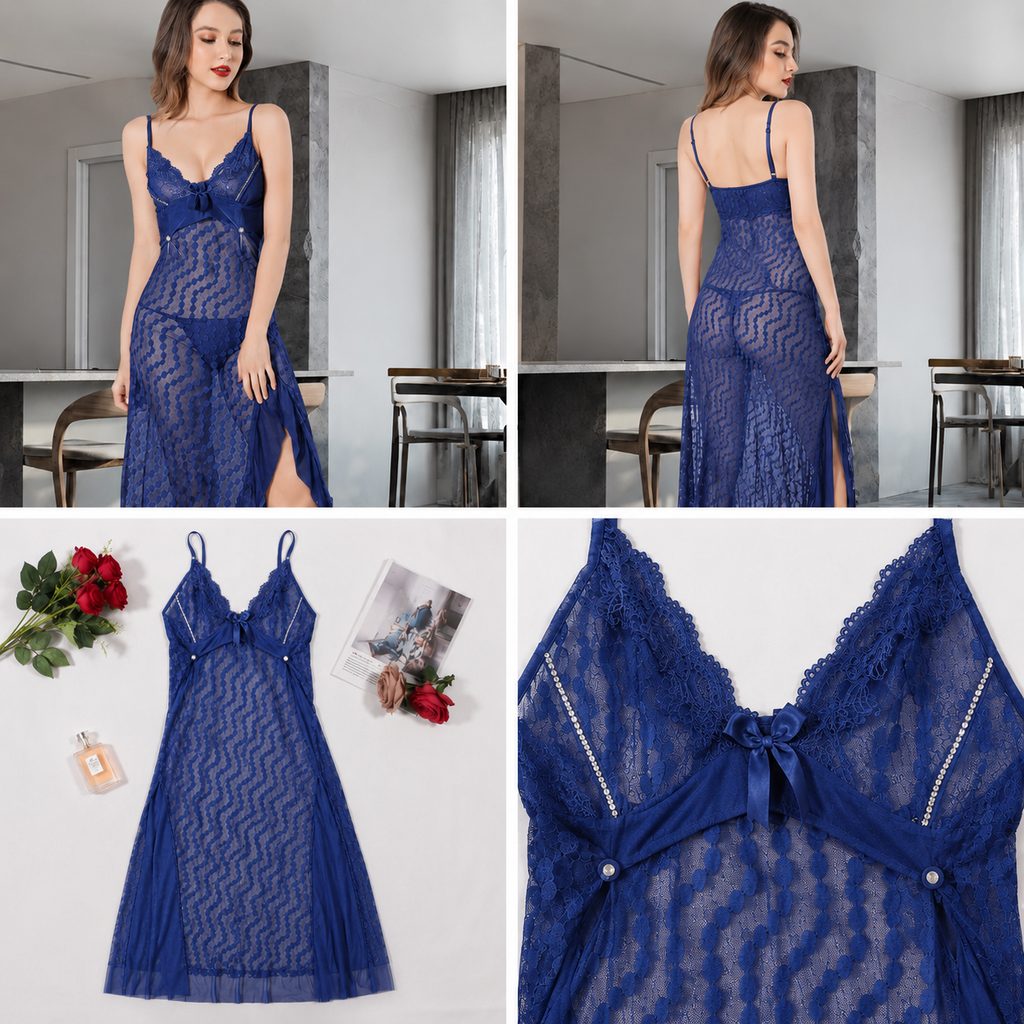 Pearl Bow Lace Slit Gown