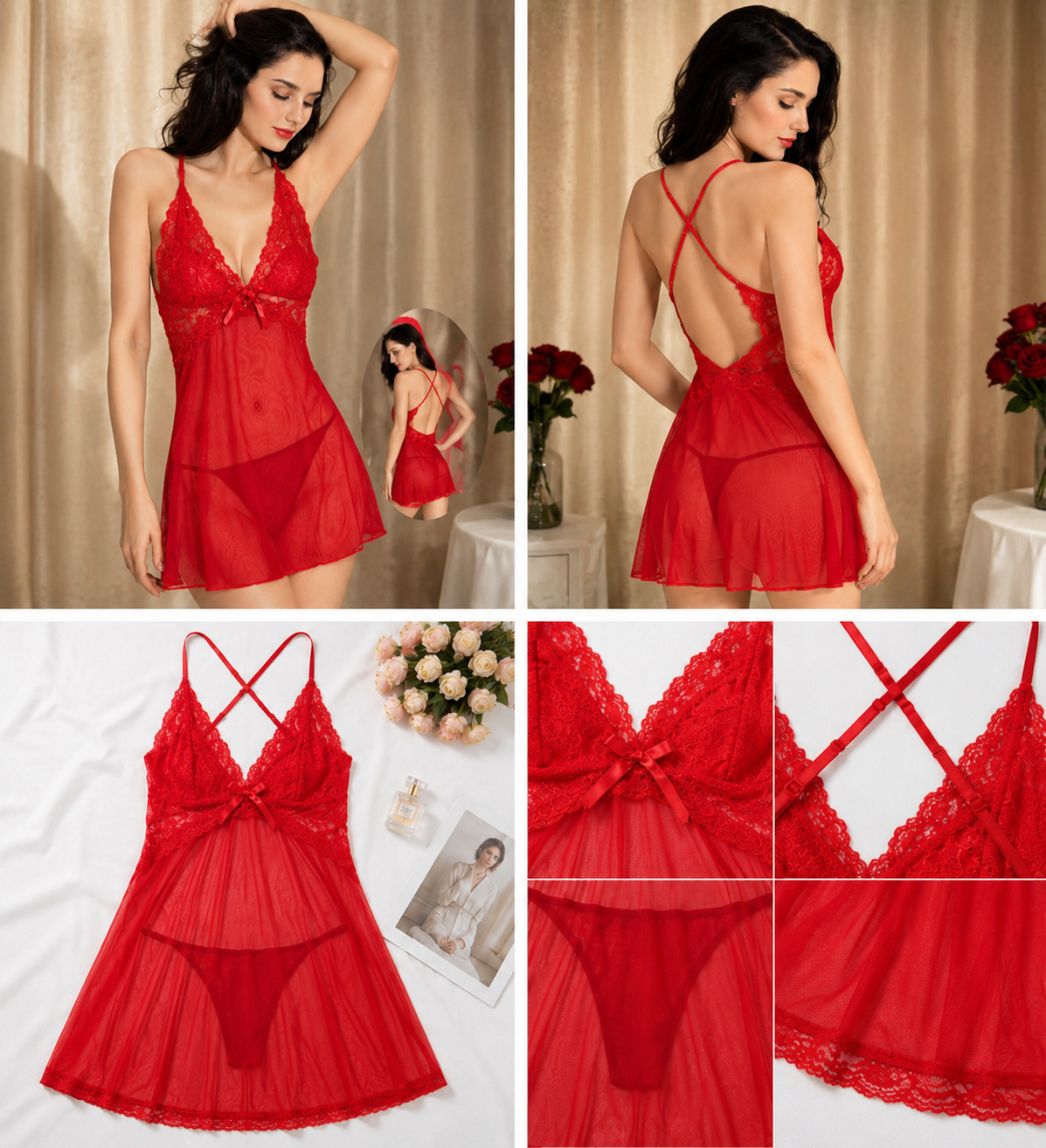 Red Cross-Back Lace Babydoll #6620