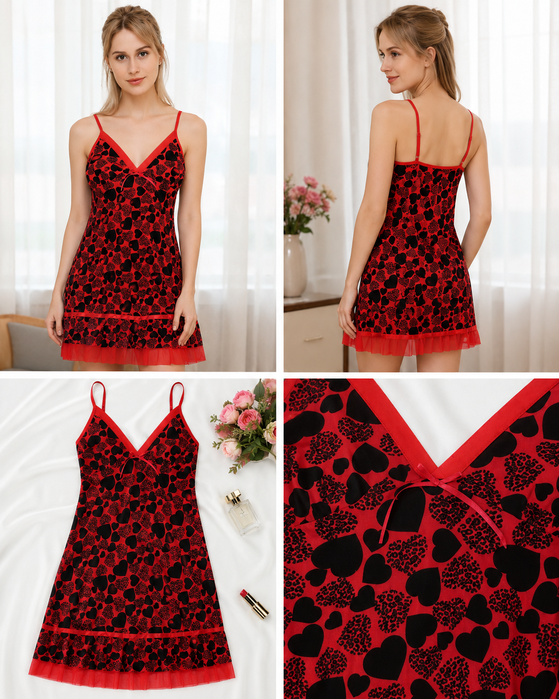 Heart Print Mesh-Trim Nightdress