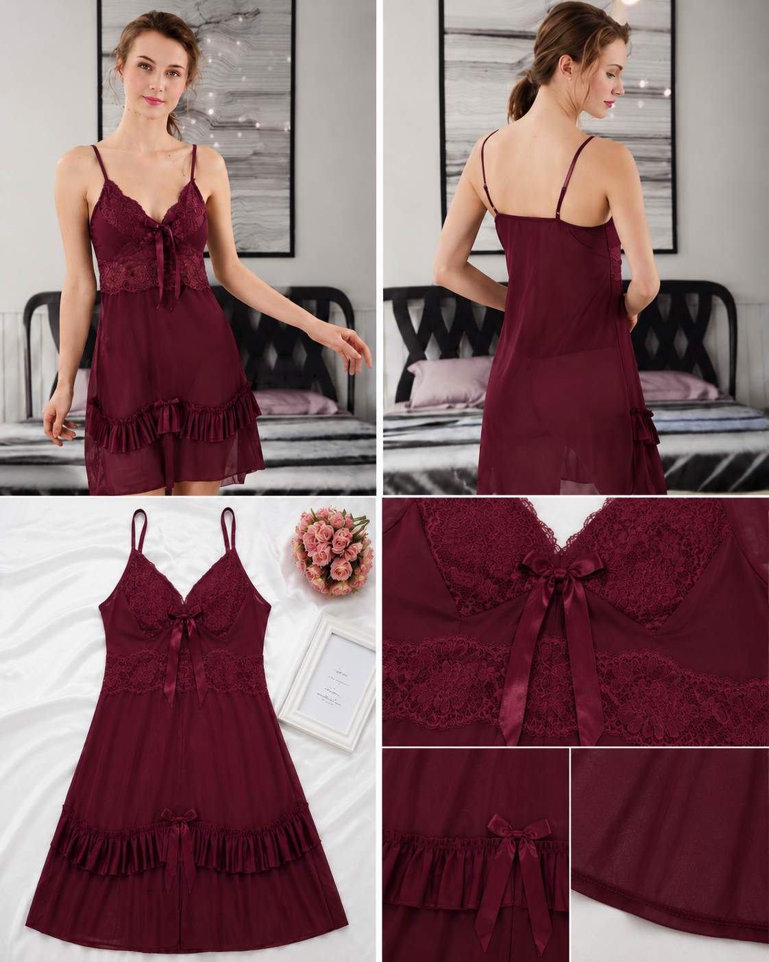Royal Burgundy Lace Nightdress #6712