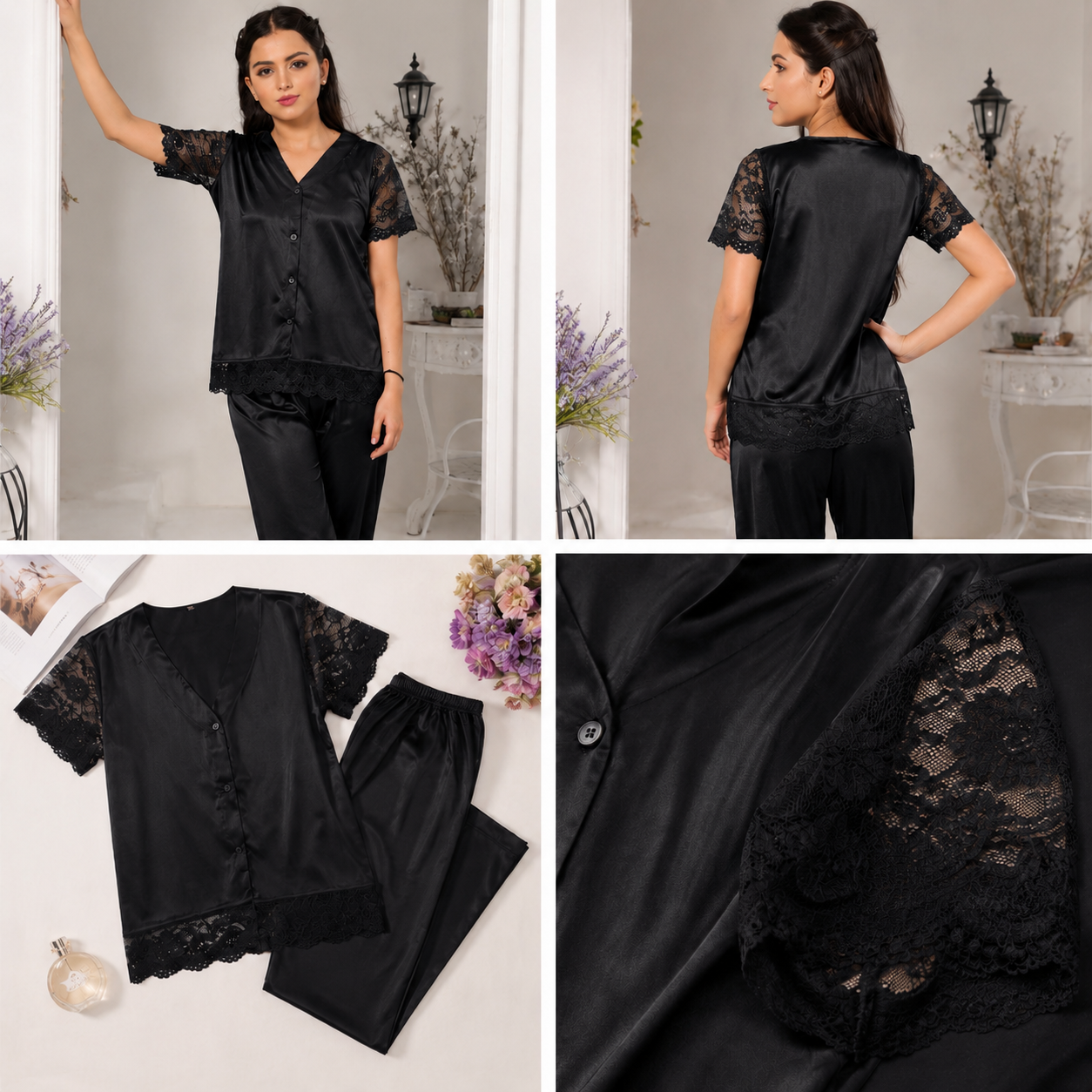 Black Satin Lace-Trim Pajama Set