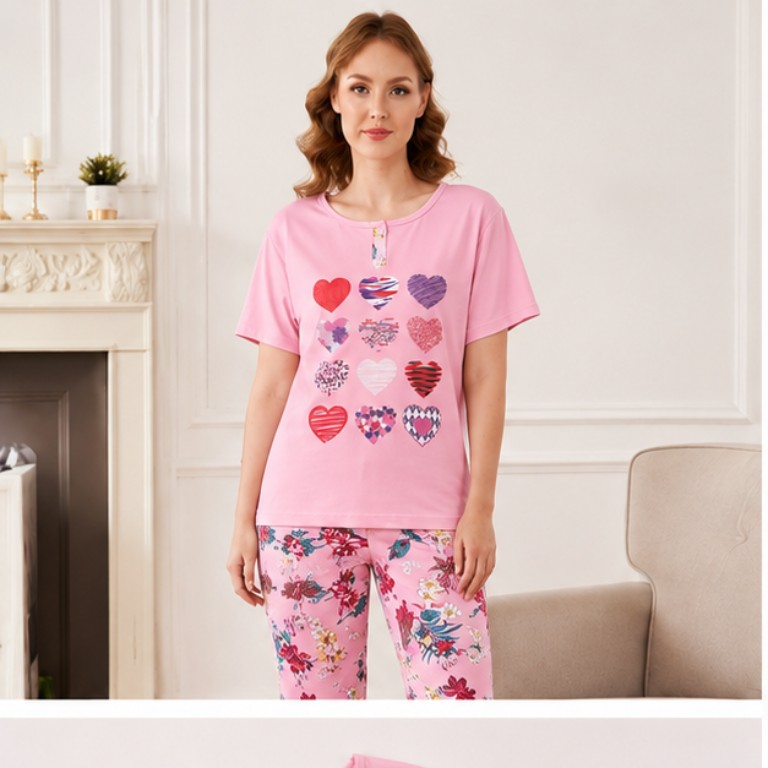 Heart Print Top & Floral Pajama Set