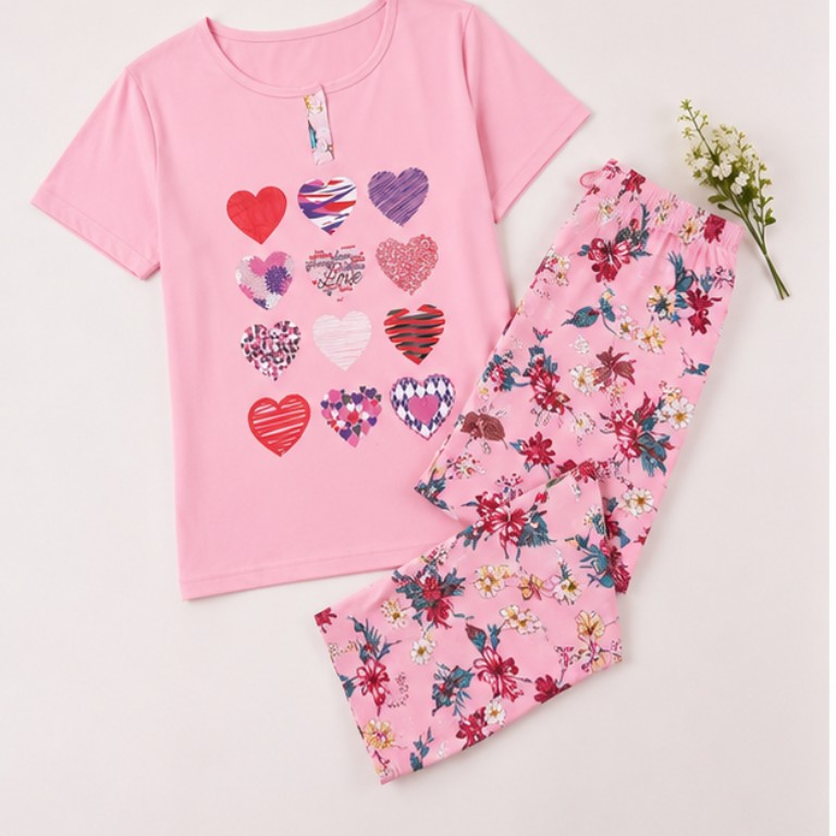 Heart Print Top & Floral Pajama Set