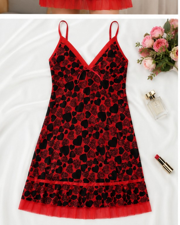 Heart Print Mesh-Trim Nightdress