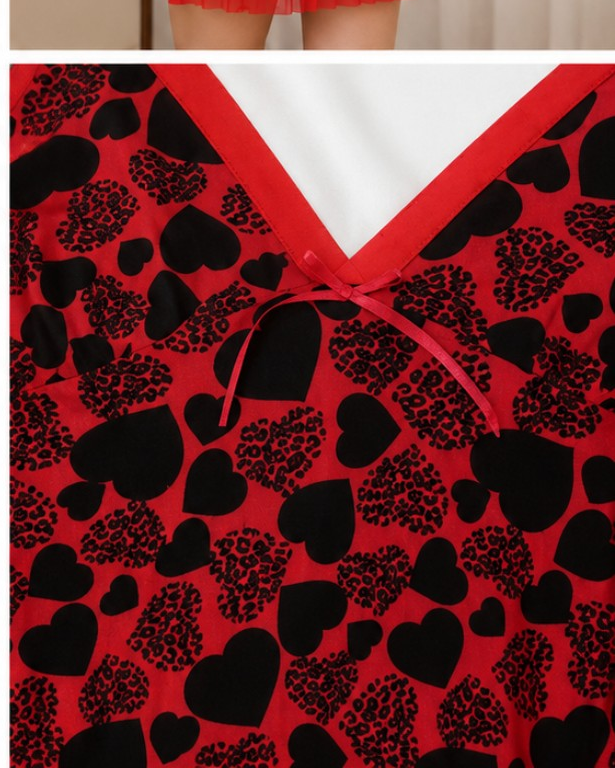 Heart Print Mesh-Trim Nightdress