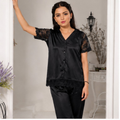 Black Satin Lace-Trim Pajama Set