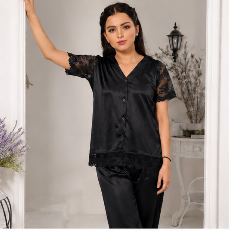 Black Satin Lace-Trim Pajama Set