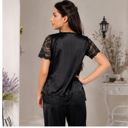Black Satin Lace-Trim Pajama Set