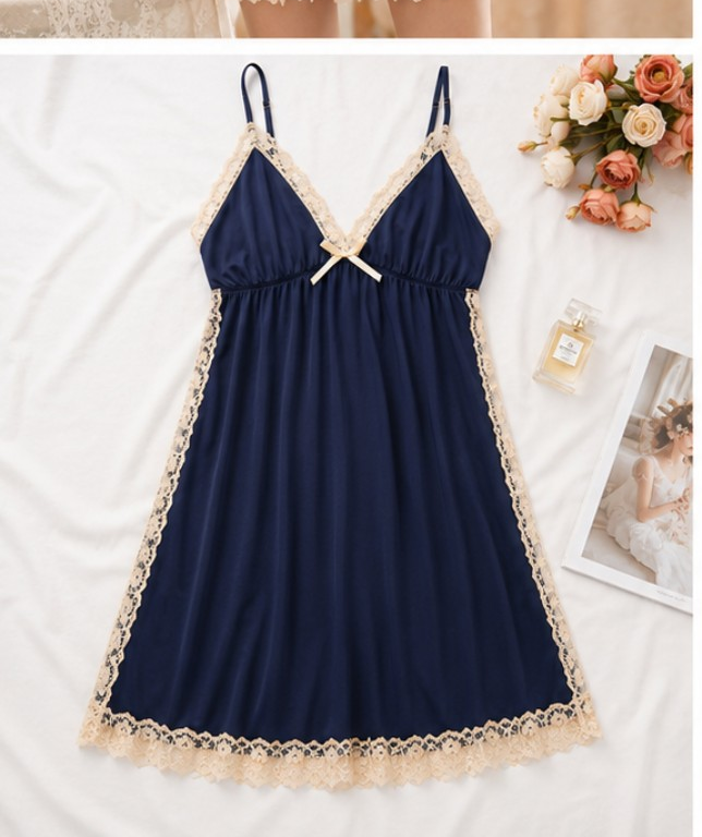 Navy Blue Lace Trim Nightdress #6710