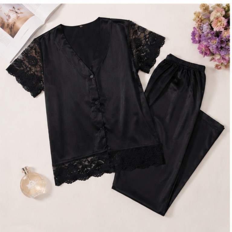 Black Satin Lace-Trim Pajama Set