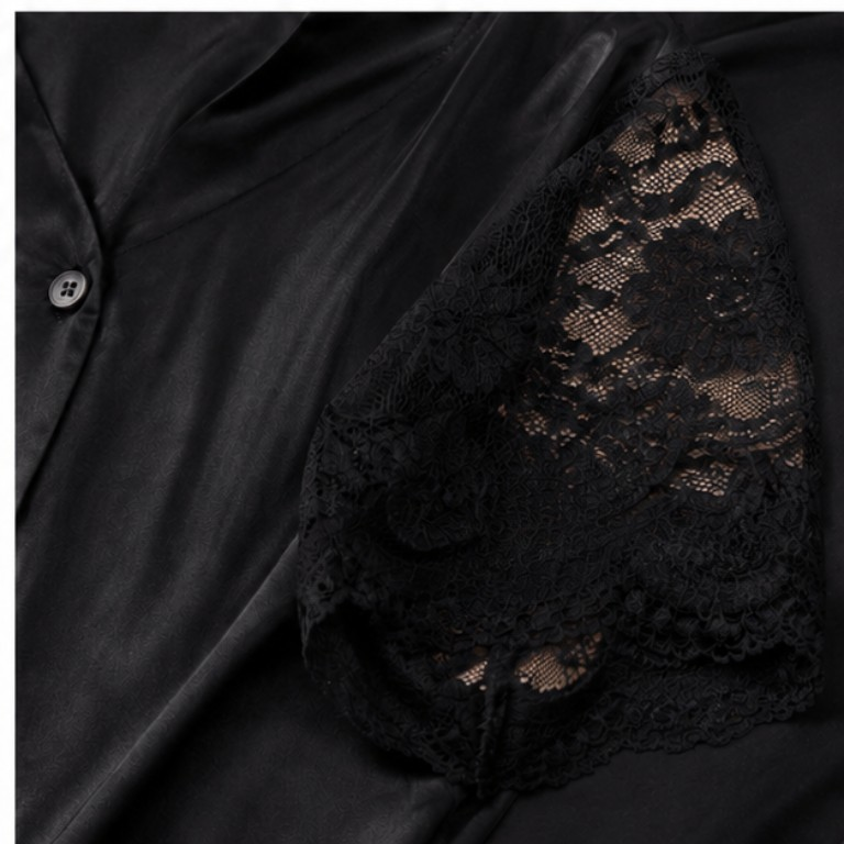 Black Satin Lace-Trim Pajama Set