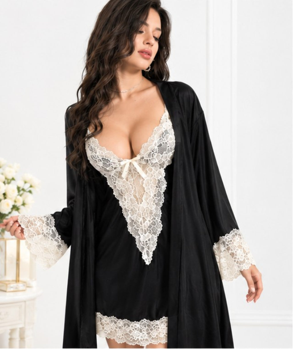 Avorio Contrasto Satin Robe Set