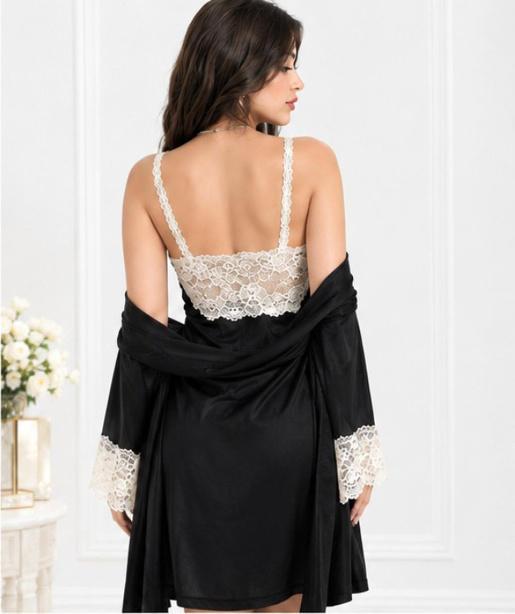 Avorio Contrasto Satin Robe Set