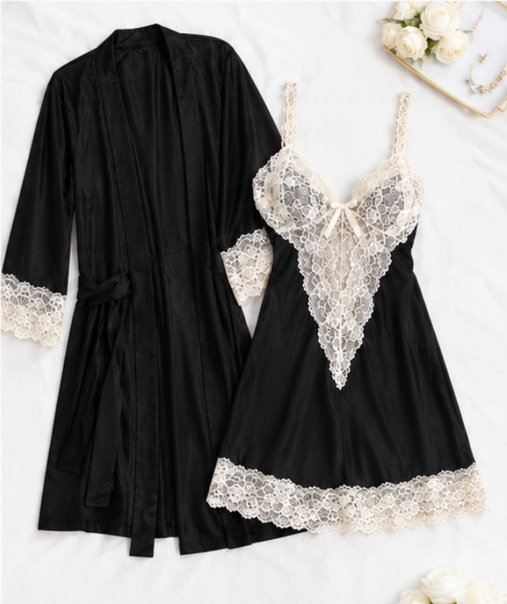 Avorio Contrasto Satin Robe Set